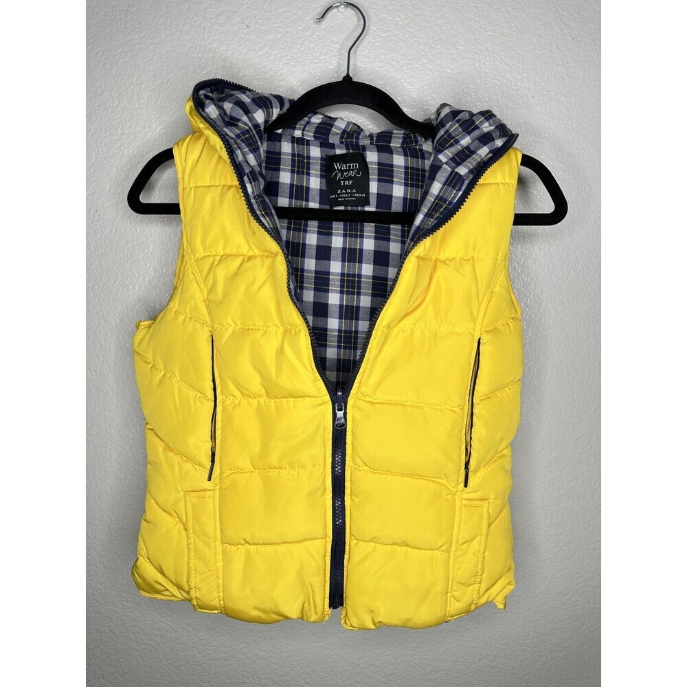 Zara TRF Vest Womens Small Hooded Plaid Lining Zip Pockets Yellow Quilted Puffer